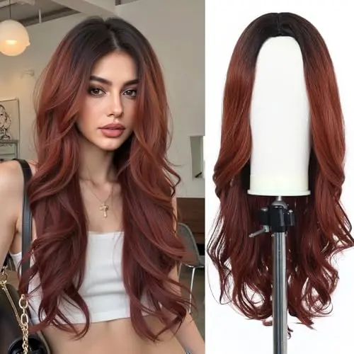 Esmee 24-inch ombre red brown long wavy synthetic wig on model