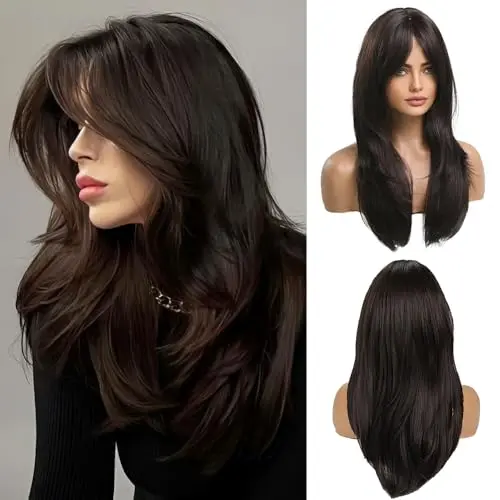 OUFEI dark brown long straight synthetic wig with bangs for women