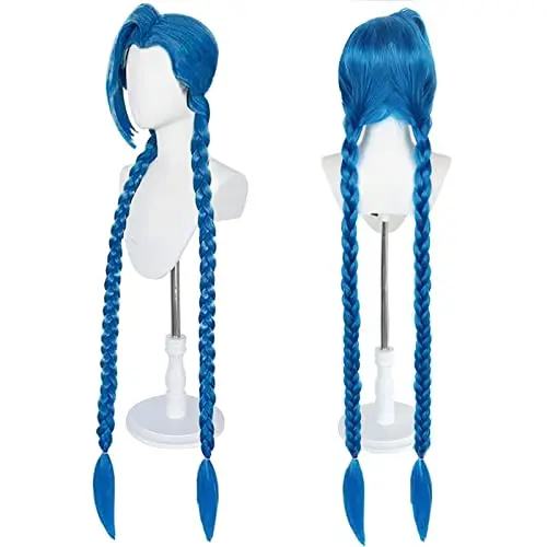 Long blue braided cosplay wig with full head coverage on mannequin