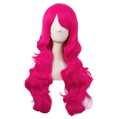 MapofBeauty 28 Inch side bangs long curly hot pink wig