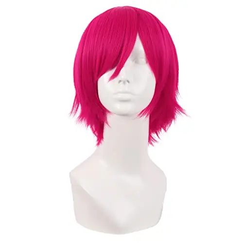 MapofBeauty 12 inch straight hot pink wig with side bangs