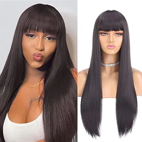 Xtrend 26 Inch Long Dark Brown Straight Wig with Bangs