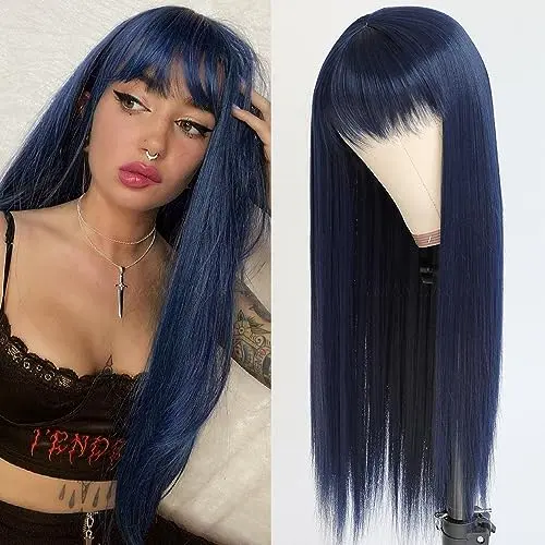 Maycaur blue long straight wig with full bangs