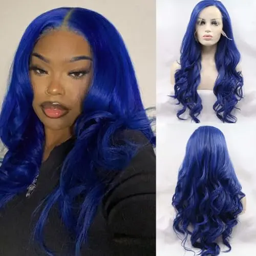 Angle Lucky dark blue wavy lace front wig on a model