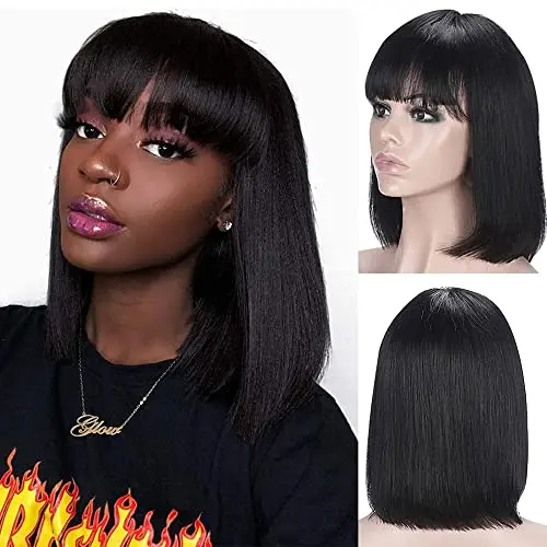 WENYAN Glueless Short Bob with Bangs Brazilian human hair wig