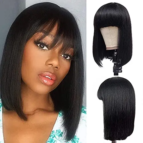 WENYAN 12-inch glueless black bob wig with bangs human hair