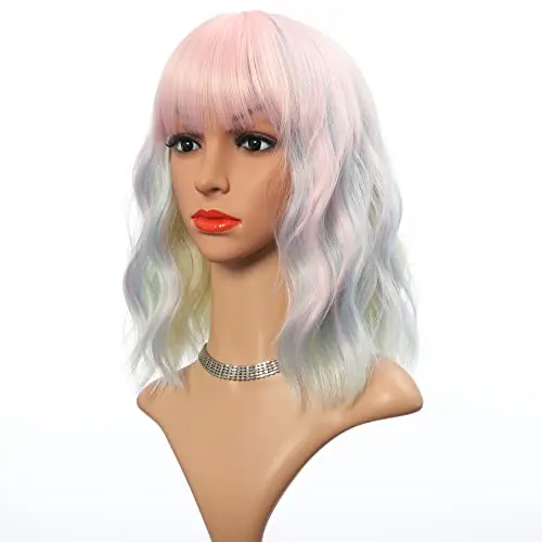 VCKOVCKO rainbow pastel wavy bob wig with air bangs