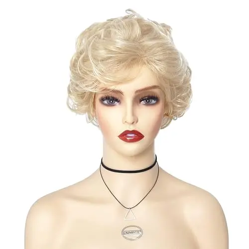 GNIMEGIL Lightest Blonde Curly Wig styled in a short rounded curly blonde bob