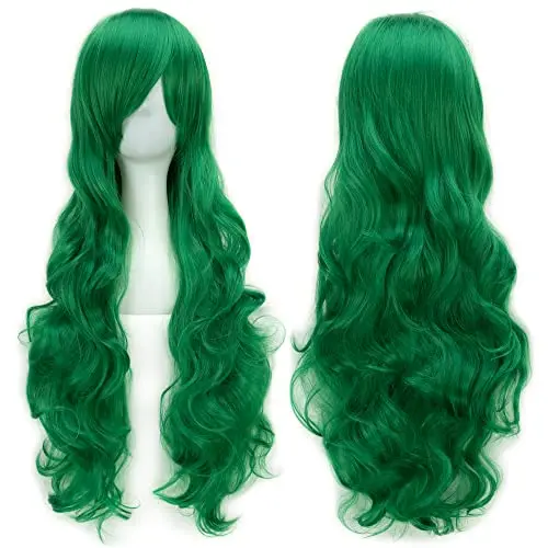 IMISSU 80cm long curly bright green cosplay wig with bangs