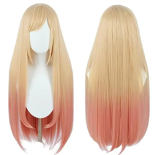 Linfairy long blonde dye pink straight cosplay wig with bangs