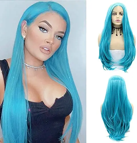 Angle Lucky bright blue straight lace front wig on a model