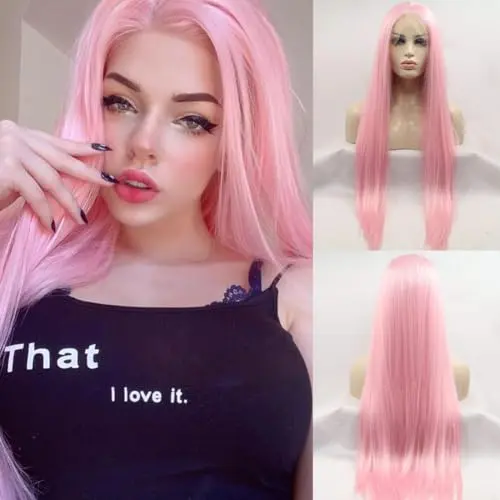 Angle Lucky Pink Straight Wig Light Pink Lace Front Synthetic Glueless Heat Resistant Fiber 24 Inch