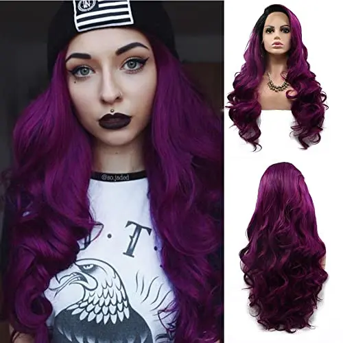Dark purple ombre lace front wig with black root and free part