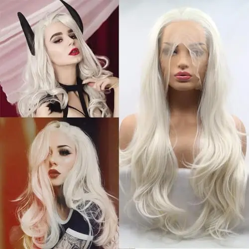 Platinum blonde lace front wig with long wavy style and transparent HD lace