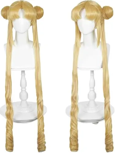 Long blonde twin-tail wig with buns and blunt bangs