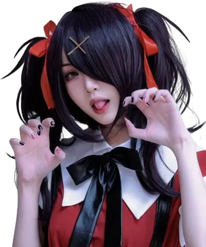 Black curly anime twin-tail cosplay wig with bangs, hairpins and red ribbons