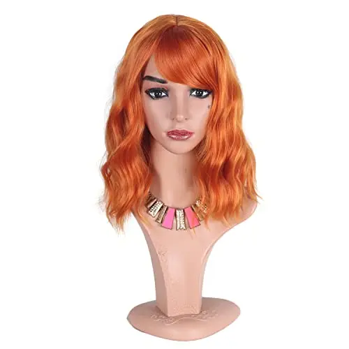 Bright orange short wavy bob wig with bangs