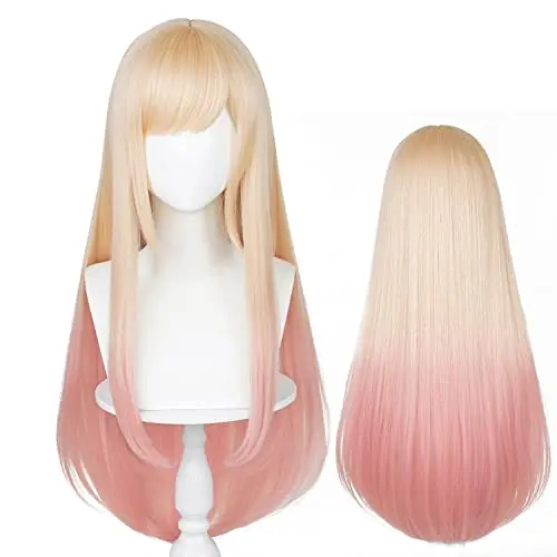 LABEAUTE long blonde pink ombre wig with bangs