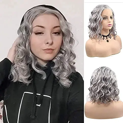 Angle Lucky silver grey lace front curly bob wig
