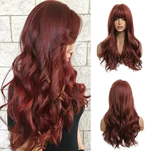 OUFEI 24 inch long curly reddish brown wig with bangs