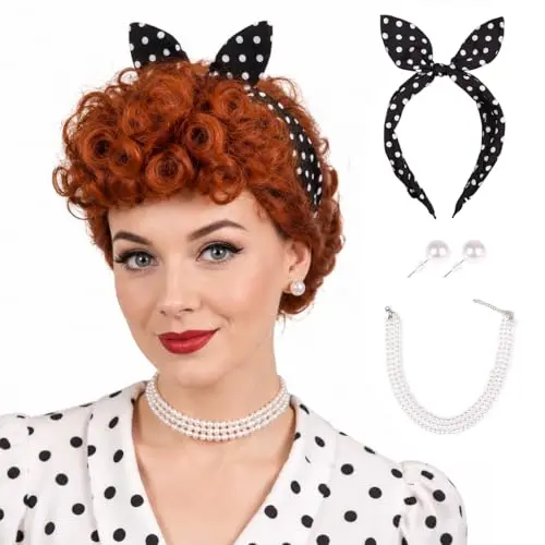 Light auburn 50s housewife wig with headband, earrings, and necklace
