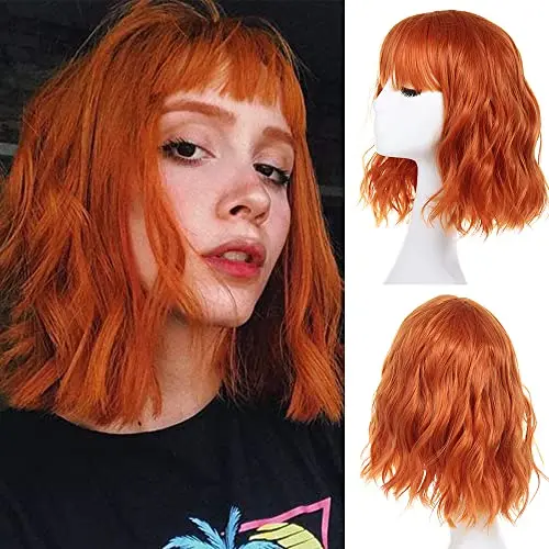 Leeven 12-inch shoulder-length curly bob wig with bangs in burnt orange