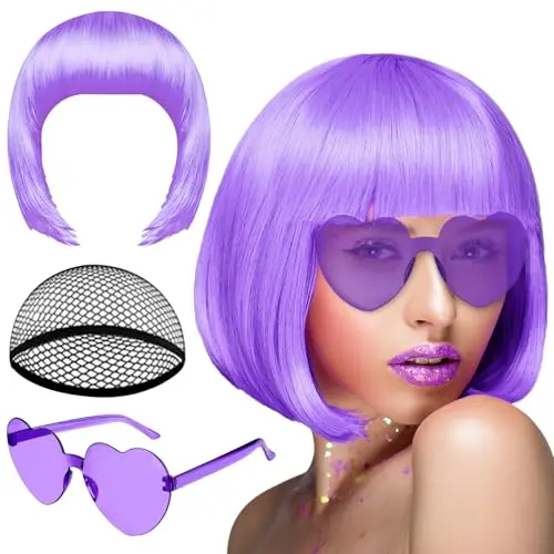 PLULON purple bob wig with sunglasses and wig cap set