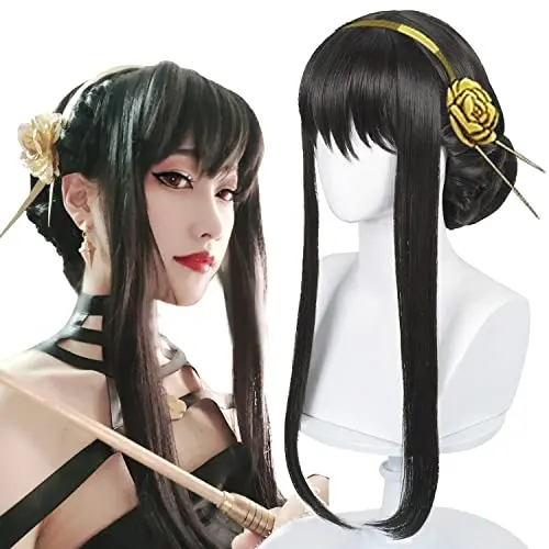 Black straight anime cosplay wig with cap