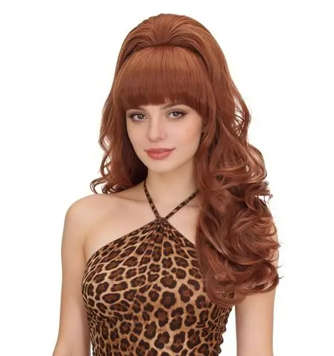 Auburn beehive wig with bangs on mannequin head