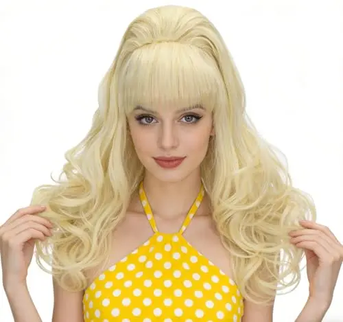 Aicos beehive blonde wig with bangs styled in a vintage 60s bouffant