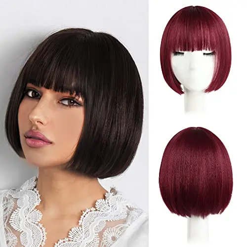 HSPJHTM short bob burgundy wig with bangs
