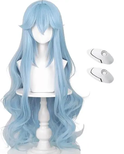 LABEAUTE long curly light blue cosplay wig with hairpin