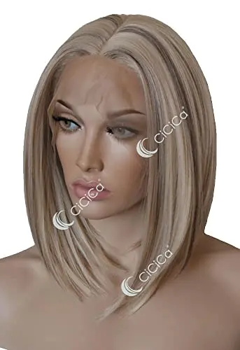 CiCiCa Bonnie lace front angled bob synthetic wig in mixed bleach and dark blonde
