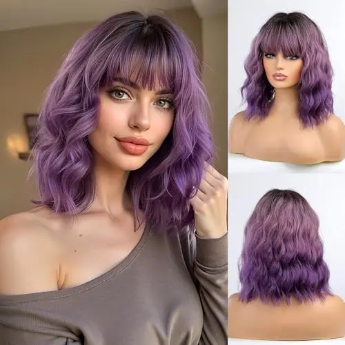 Esmee short wave purple ombre bob wig with bangs 14 inch
