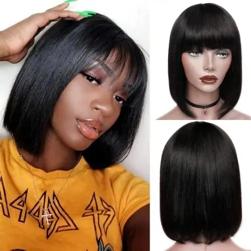 Rebasar 14 inch bob wig with bangs in natural black human hair