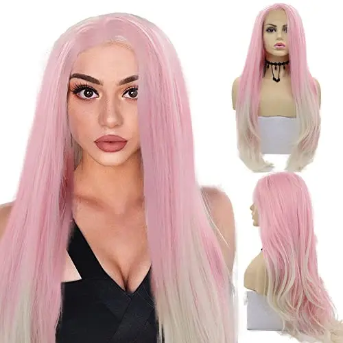Angle Lucky pink blonde straight lace front wig on a mannequin