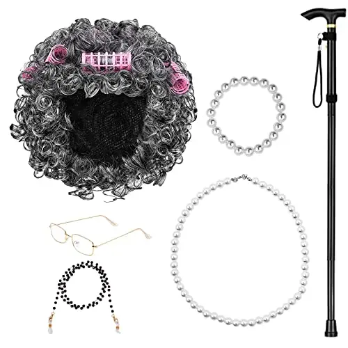 Mdtrade old lady cosplay set with grey curly wig, six pink curlers, foldable cane, glasses, chain, pearl necklace, and bracelet
