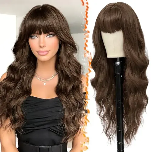 BARSDAR 26 inch long wavy chocolate brown wig with bangs on model