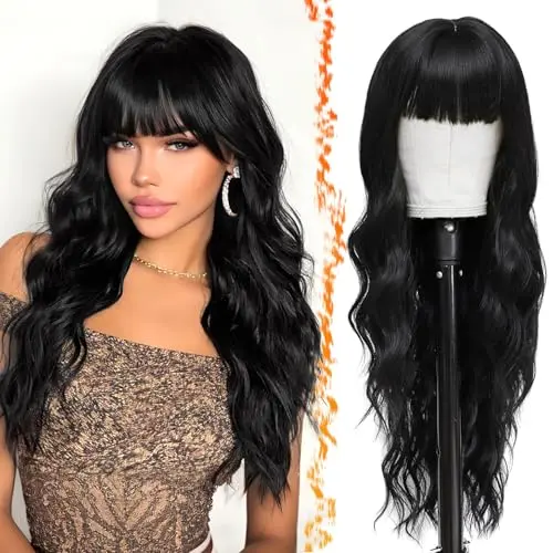 Black wavy wig with bangs
