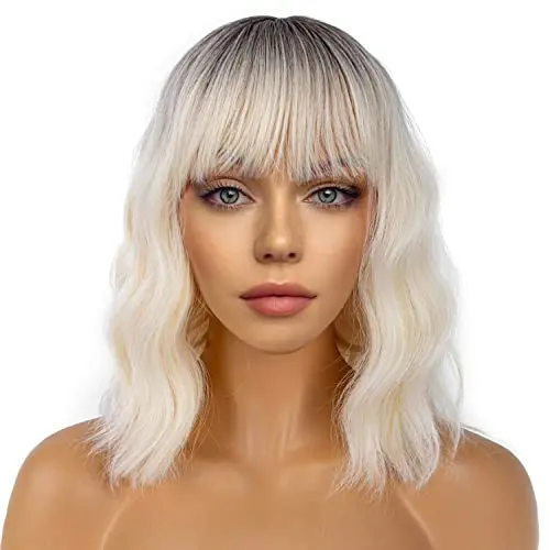LANCAINI short bob wig with bangs in light blonde ombre loose waves