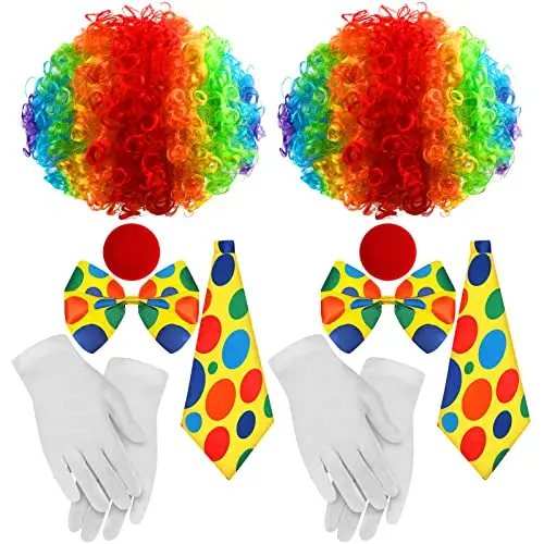 Complete clown costume set with rainbow wig, red nose, bow tie, and gloves