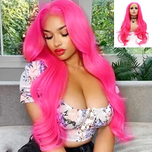 AFBeauty Hot Pink Lace Front Wig Long Wavy Pink Red Color Synthetic Glueless Heat Resistant