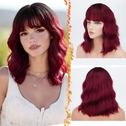 Short wavy ombre red bob wig with bangs and dark roots