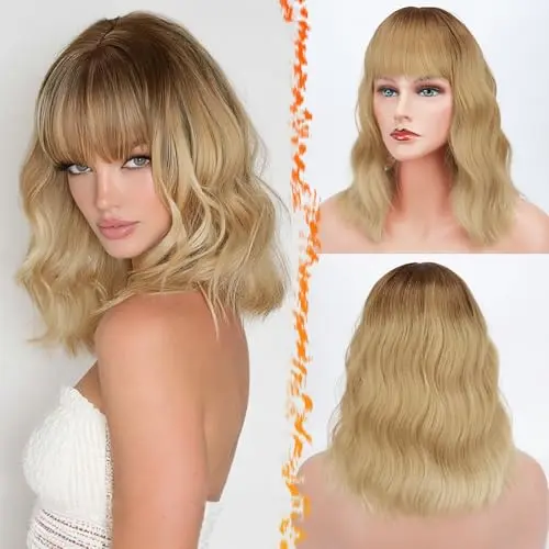 BARSDAR 14 inch wavy ombre blonde bob wig with bangs