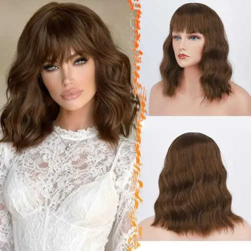 BARSDAR Short Wavy Brown Wig With Bangs 14-Inch
