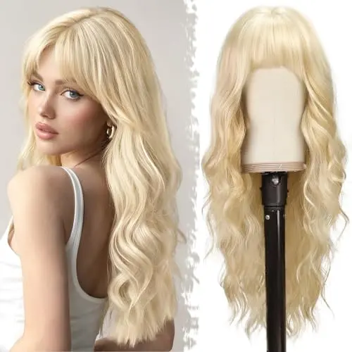 Barsdar 26 inch long wavy blonde wig with bangs on mannequin