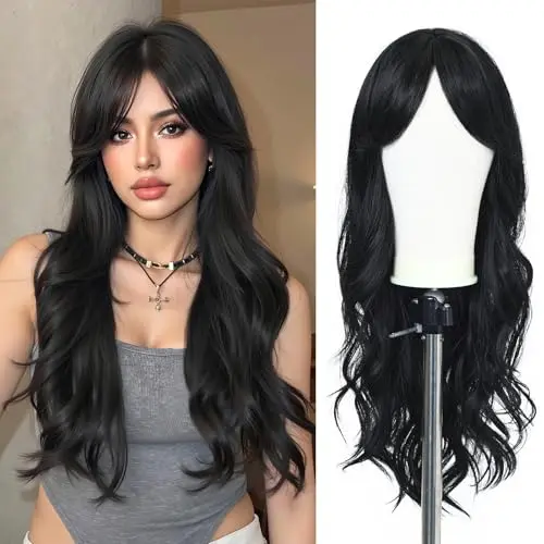 Esmee 26 inch long wavy black synthetic wig with fringe