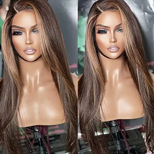 Maycaur 22 inch straight lace front wig with coffee and blonde highlights