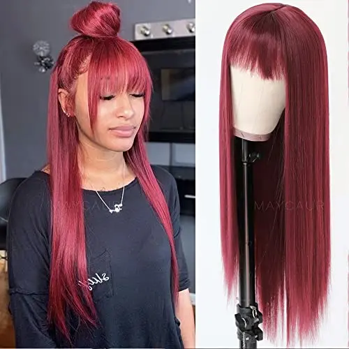 Maycaur Burgundy Red Long Straight Wig with Full Bangs