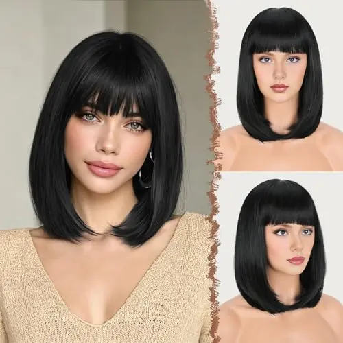FESHFEN black classic bob wig with bangs